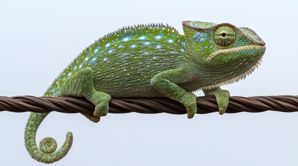 Obraz premium A vibrant green and blue spotted chameleon resting on a wire with a textured skin and detailed features showcasing its unique coloration.