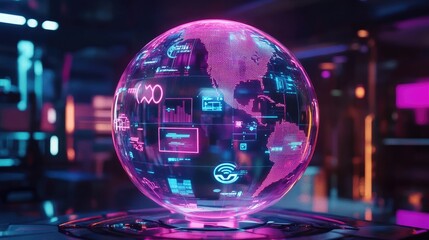 A futuristic holographic globe with floating AR icons representing various industries; mixed-media, neon overlays, high-tech theme 
