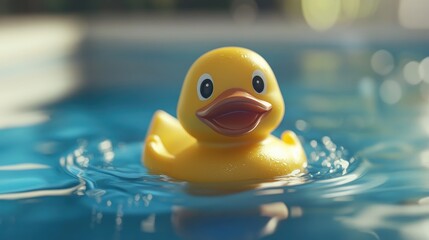 Close-up of a cheerful yellow rubber duck bobbing on the surface of a shimmering blue pool, surrounded by sparkling water reflections.