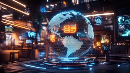 Obraz premium A futuristic holographic globe with floating AR icons representing various industries; mixed-media, neon overlays, high-tech theme 