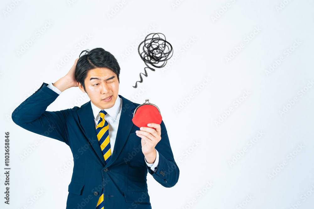 Poster 貯金、お金、マネー、投資、給料、増税、ギャンブル、借金、税金、出費、コスト、支払い、ローン、悩む、困る、悩み、不安、心配、不満、落ち込む、がっかり、仕事、ビジネス、ビジネスマン、ビジネスパーソン、経営者、値上げ、インフレ、デフレ、散財、貯蓄、給与所得控除、手取り、資産運用、金融、経済、家計、財布、サラリーマン、会社員、男性、日本人、疑問、コピースペース、白バック、失敗、後悔、損失、残念、人物