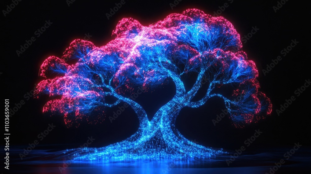 Poster Luminous tree-shaped neural network emits a captivating glow in vibrant blue and pink hues, creating an enchanting and otherworldly visual effect.