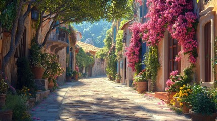 Obraz premium Serene Mediterranean street lined with vibrant blooming flowers and lush greenery, featuring quaint stone pathways and charming architecture.
