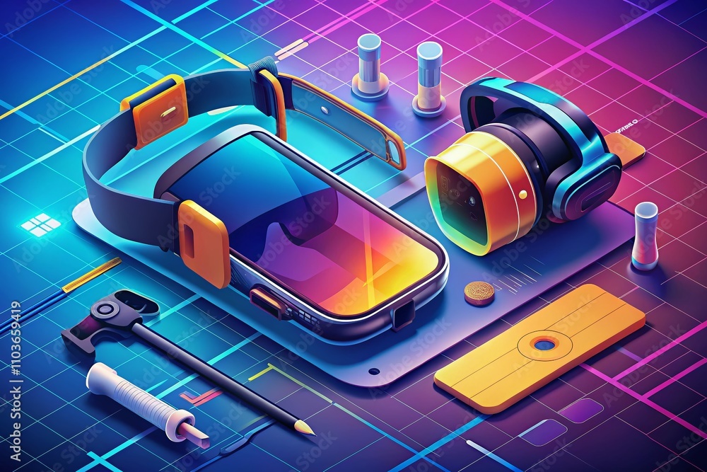 Poster isometric illustration of virtual reality glasses and augmented reality tools for mobile devices wit