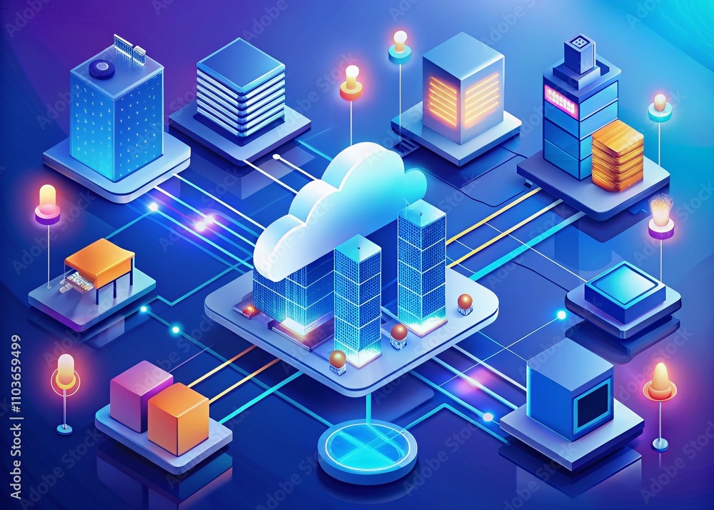Poster isometric modern cloud technology and networking concept with big data flow processing in a business