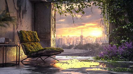 Cozy chair with moss cushion in an overgrown abandoned room, vibrant sunset cityscape in the background
