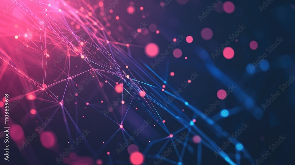 Poster abstract digital network design illustrating interconnected nodes and vibrant flowing lines in shade