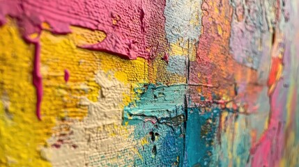 Obraz premium Close-up of a vibrant abstract painting featuring textured layers of dynamic pink, yellow, and turquoise colors, highlighting intricate details and depth.