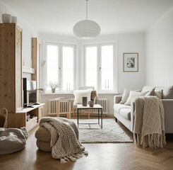 Bright Scandinavian living room with cozy knit textiles and wooden accents.