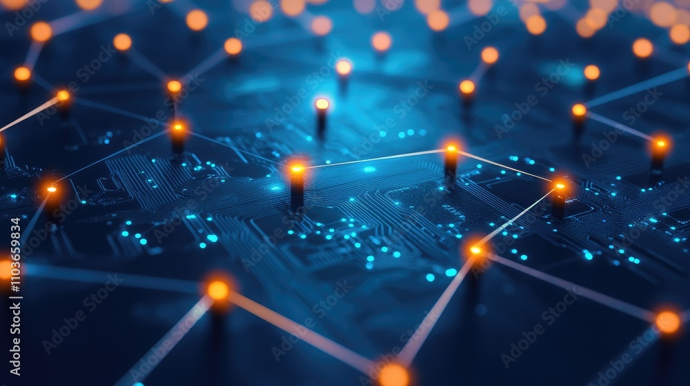 Poster dark blue circuit board design with illuminated pathways and microchip elements, perfect for technol