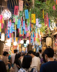 Obraz premium Colorful Tanabata festival wishes hanging in a bustling market street.