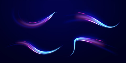 Speed connection background. Expressway, car headlight effect. Speed connection vector background. Png, line, blur, beam, ray, abstract, energy, pack, effect. Vector glowing lines air flow effect. 