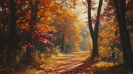 Obraz premium Autumnal Forest Path with Vibrant Leaves and Sun-Drenched Tranquility in a Woodland Setting