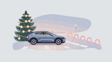 A snowy road during Christmas, featuring an EV car parked near a decorated pine tree with glowing ornaments.