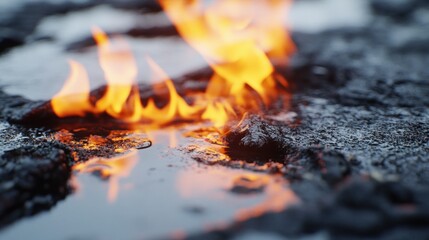 Dynamic Flames Dance Over Volcanic Lava Reflecting Fiery Hues in Nature's Spectacular Display