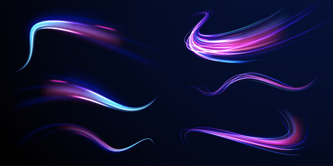 Light trail wave, fire path trace line, car lights, optic fiber and incandescence curve twirl. Big data traffic visualization, dynamic high speed, png, effect. Vector glowing lines air flow effect. 