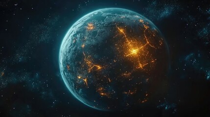 A futuristic satellite view of Earth with glowing city connections forming a global network; photorealistic, night-time palette, subtle neon accents