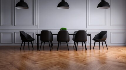 Modern dining area featuring a sleek table and minimalist design with pendant lights and wooden floor
