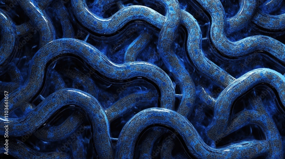 Poster intricate labyrinth of intertwining blue water pipes creating a complex abstract network against a d