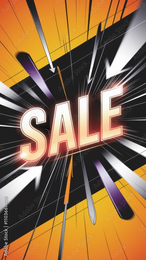 Poster big sale sign exploding with speed lines and arrows on orange and black background
