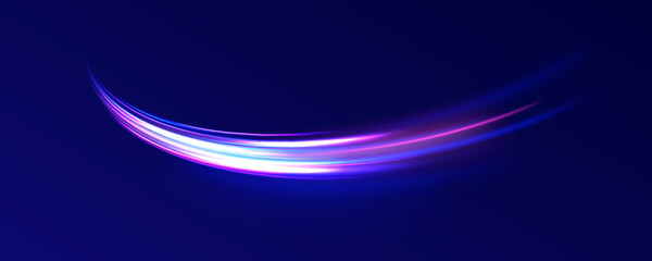 Creative vector illustration of flying cosmic meteor, planetoid, comet, fireball isolated on transparent background. Effect, png, wave,neon,line. Light arc in neon colors, in the form of a turn.