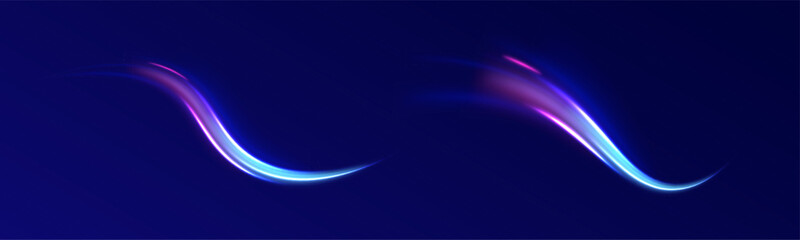 Light arc in neon colors, in the form of a turn. Creative vector illustration of flying cosmic meteor, planetoid, comet, fireball isolated on transparent background. Effect, png, wave,neon,line. 
