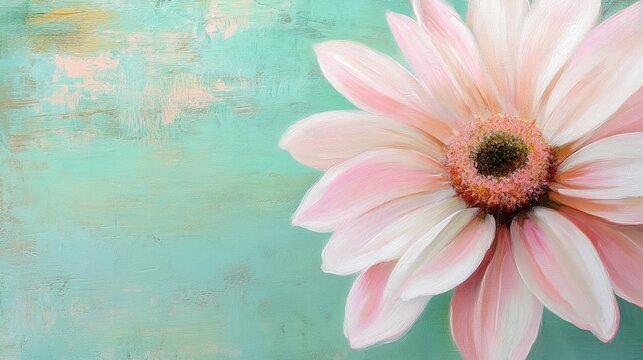 Closeup of a soft pink daisy flower with delicate petals, against a bright minty green background, highlighting its vibrant colors and intricate details.