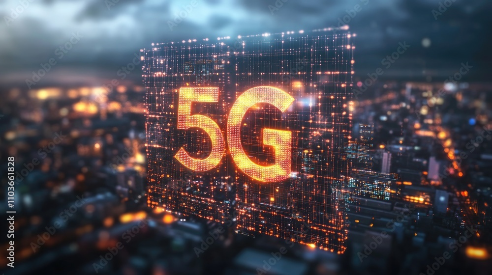 Poster Digital hologram of 5G networks overlaid on a cityscape, illustrating CPU elements and wireless communication systems in a dynamic urban environment.