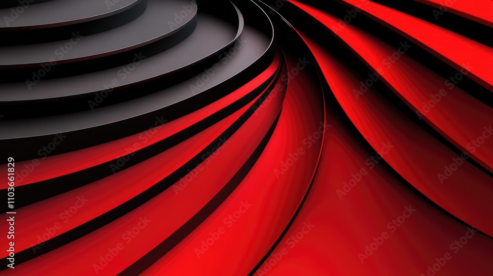 Poster 3d abstract geometric pattern with intertwining black and red curves against a dark red background, 