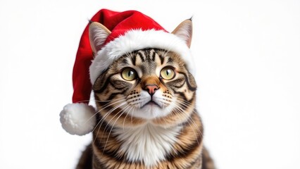 Christmas Fluffy Cat With Santa Claus Hat, Isolated On White Background