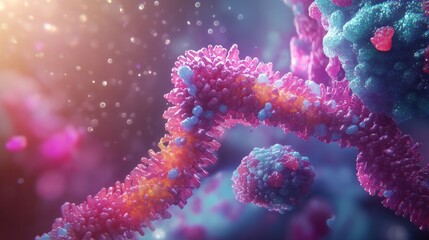 Naklejka premium Vivid 3D rendering of a detailed DNA strand intertwined with a colorful cancer cell, highlighting cellular interaction for oncology research visuals.