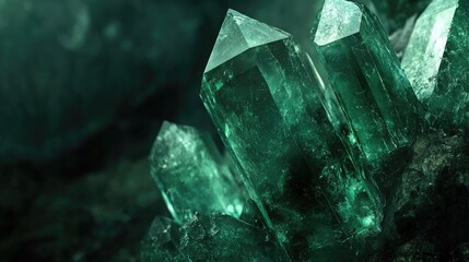 Obraz premium Emerald green crystal formations with a faceted design displaying a rough nugget, beautifully illuminated against a dark, contrasting background.