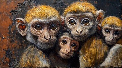 Close-up of a playful monkey family with a baby, highlighting their expressive faces and playful nature in a vibrant safari environment.