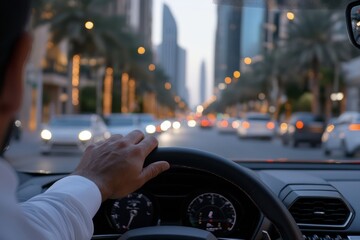 Naklejka premium An individual is seen driving through a vibrant, illuminated city street, reflecting the energy and excitement of urban life and the thrill of nightlife adventures.