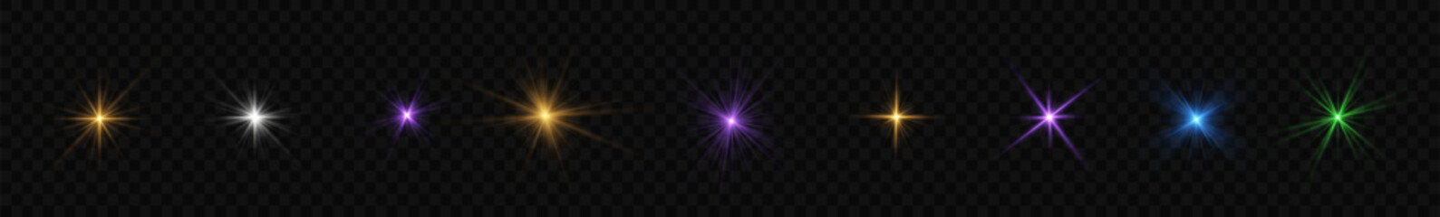 Sun ray glow abstract shine light effect starburst beam sunshine glowing isolated image. Lights flare, star flash light, white sun rays, png. Realistic sun rays.  © ANATOLII