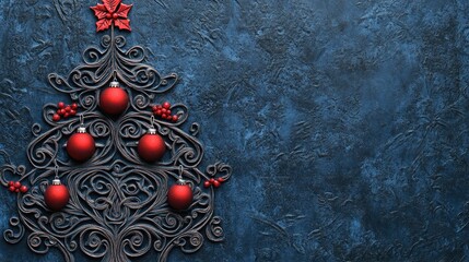 Celtic inspired Christmas tree featuring intricate design and red ornaments on a dark blue background, perfect for personalized festive greeting cards.