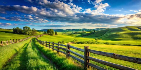 Scenic Cedar Rail Fence in the Country with Lush Green Fields and Blue Sky, Perfect for Nature and Rural Photography, Emphasizing Tranquility and Rustic Charm