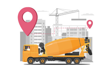 A concrete mixer with a driver transports concrete to a construction site. Vector illustration.