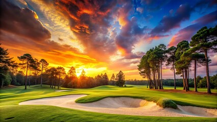 Scenic Sunset Over a Golf Course with Bunker, Fairway, and Pine Trees in a Minimalist Style Capturing the Beauty of Nature and Sport in Harmony