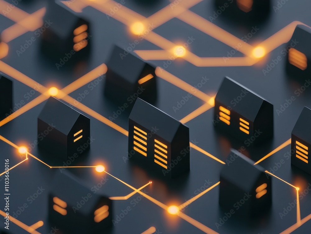 Poster a futuristic representation of interconnected houses with glowing circuitry, symbolizing smart home 