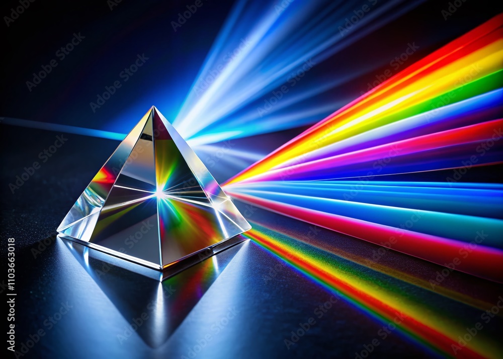 Poster light streaming through a prism creating a vibrant rainbow spectrum against a solid black background