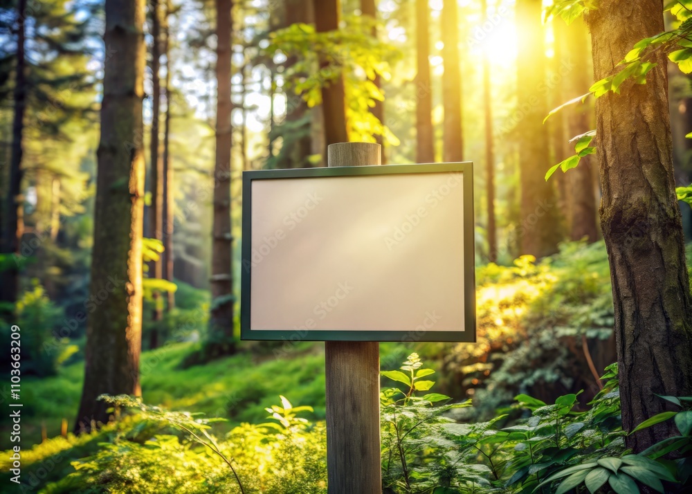 Poster serene forest scene featuring a blank sign board on a pole surrounded by lush greenery and soft natu