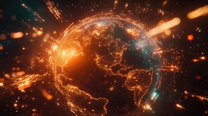 Obraz premium A global network interface, with continents connected by light trails, floating in a holographic projection; sci-fi theme, metallic and neon palette, ultra-sharp focus 