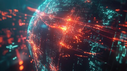 Obraz premium A global network interface, with continents connected by light trails, floating in a holographic projection; sci-fi theme, metallic and neon palette, ultra-sharp focus 