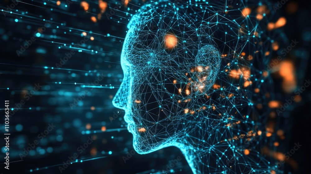 Poster digital representation of a human head composed of interconnected lines and glowing nodes, symbolizi