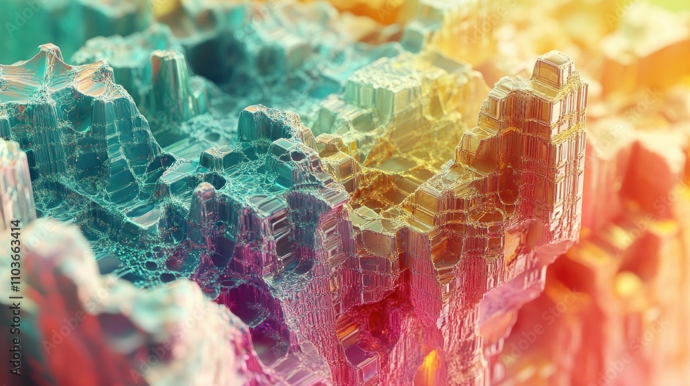 Poster colorful abstract terrain with geometric structures and lively gradient effects illustrating digital