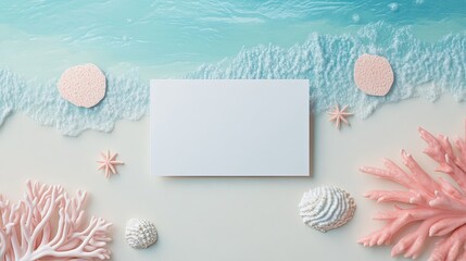 Blank card beach scene with coral and shells
