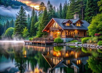 Fototapeta premium Serene Lodge at Misty Lake: Cozy Retreat Surrounded by Nature's Beauty, Perfect for Relaxation and Adventure, Featuring Rustic Design and Inviting Atmosphere for Travelers and Nature Lovers