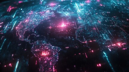 Obraz premium A global network interface, with continents connected by light trails, floating in a holographic projection; sci-fi theme, metallic and neon palette, ultra-sharp focus 