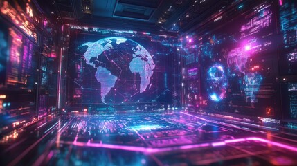 Obraz premium A global network interface, with continents connected by light trails, floating in a holographic projection; sci-fi theme, metallic and neon palette, ultra-sharp focus 